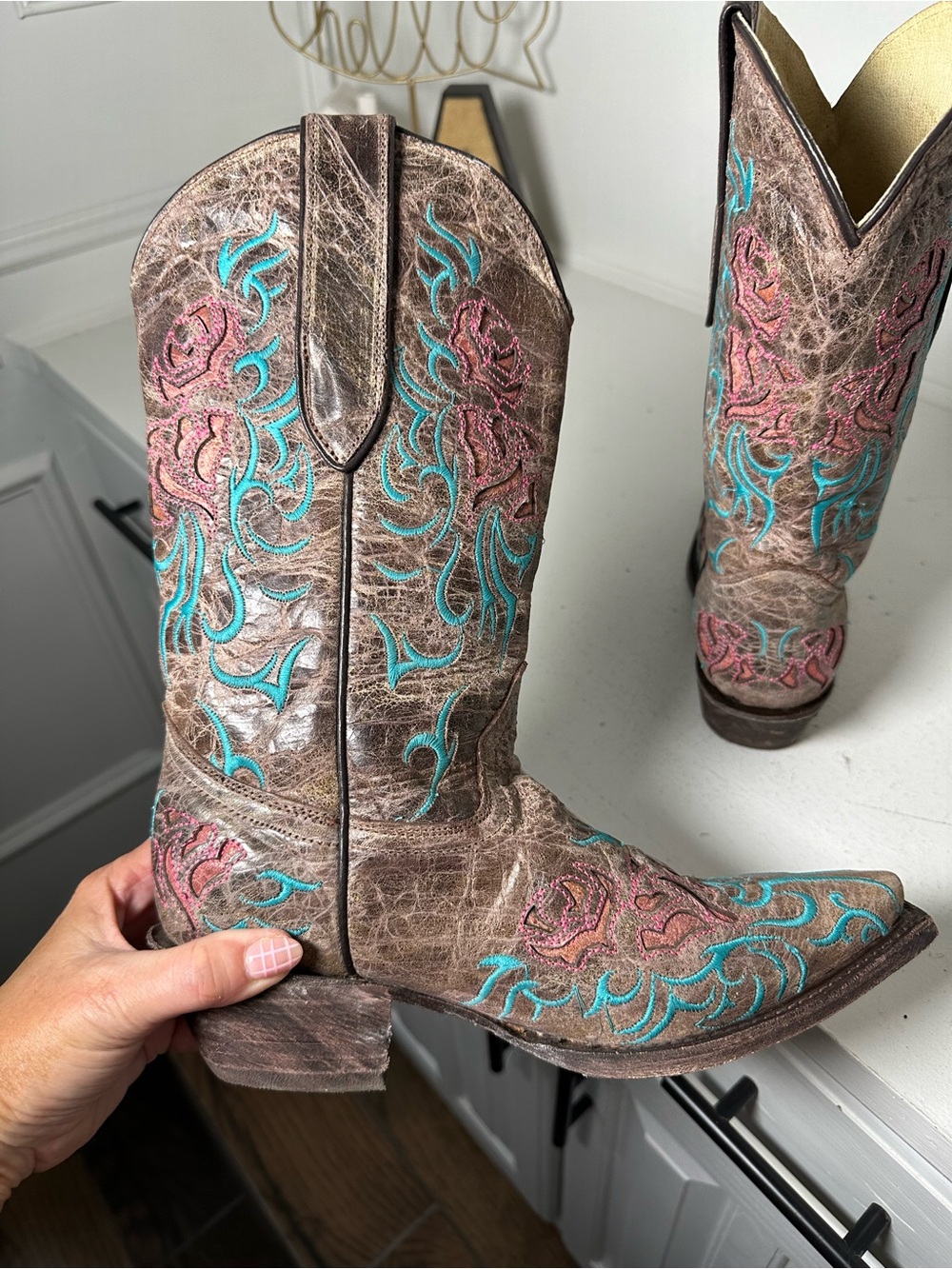 Redhawk Cowboy Boots Women's 7 Brown Turquoise Embroidered Western Boots - Picture 8 of 10